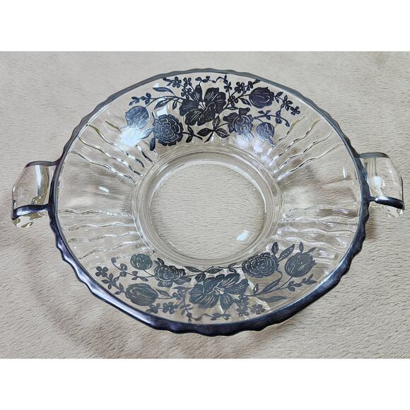 Candy Dish Clear Glass w/ handles 7 3/4" Black Floral Design Black Trim 60s Vtg - Picture 10 of 11